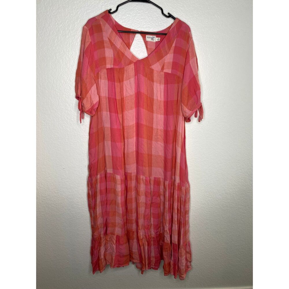 Terra & Sky womens pink gingham maxi dress puff sleeve keyhole back picnic 1X